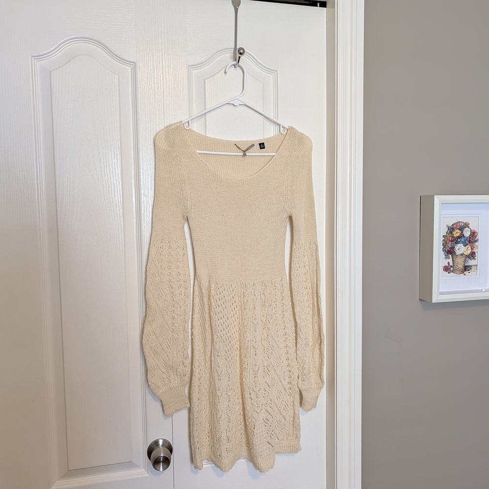 Anthropologie Cream Long Sleeve Pointelle Knit Dress (100% Alpaca, Size M)